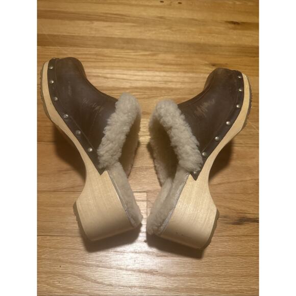 UGG Leather Clogs Mule Shearling Wooden Fur Slip-on Shoes Brown Size 9 - Picture 10 of 12
